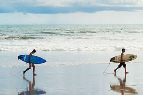 surfers walking along the coast